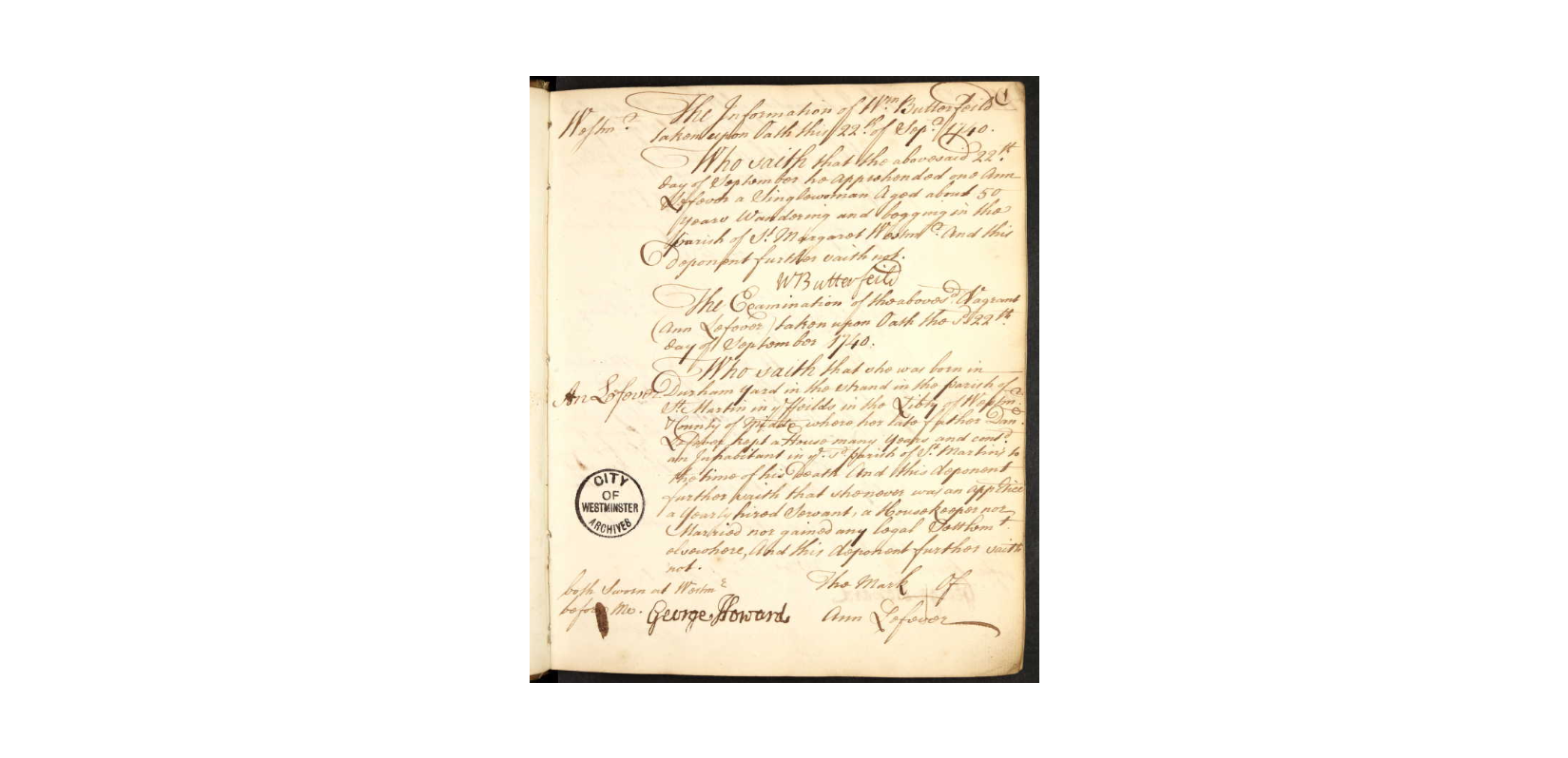 The 1740 settlement examination of Ann Lefever, showing her mark at the foot of the document beside George Howard's signature