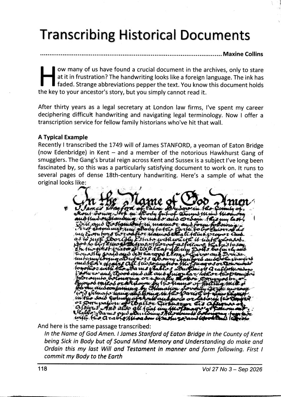 Transcribing Historical Documents, page 118, Sussex Family Historian