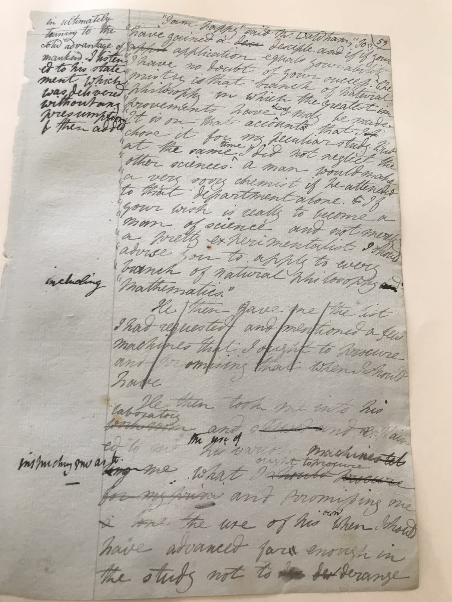 Page from Mary Shelley's Frankenstein manuscript draft, showing her urgent flowing hand and multiple corrections throughout