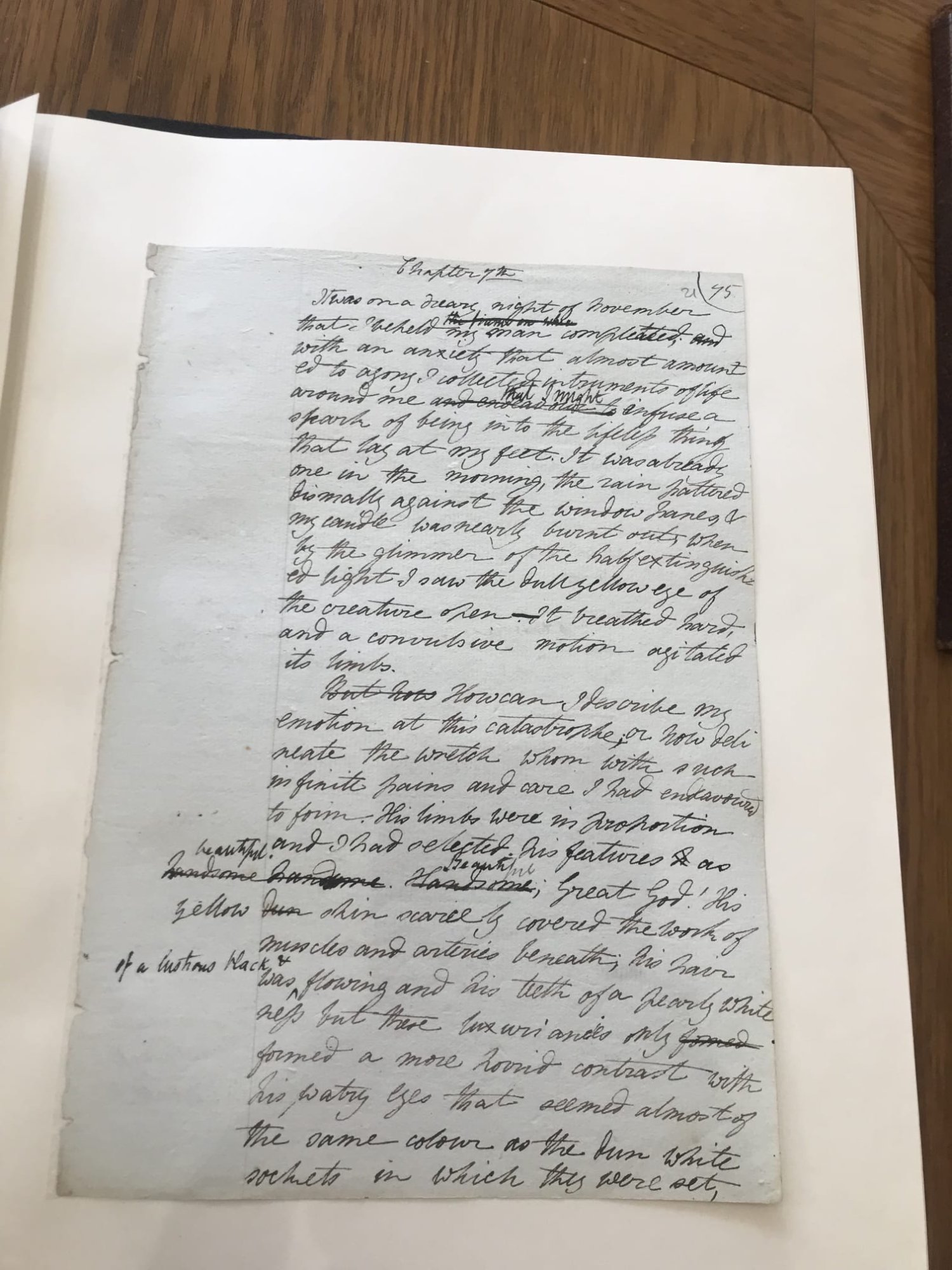 Chapter 7 of Mary Shelley's Frankenstein manuscript: 'It was on a dreary night of November' — the creation scene in her own hand, with visible crossings-out and revisions