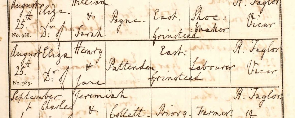 East Grinstead parish register showing baptism of Eliza Pattenden, daughter of Henry and Jane Pattenden, labourer, 25 August — Entry No. 989