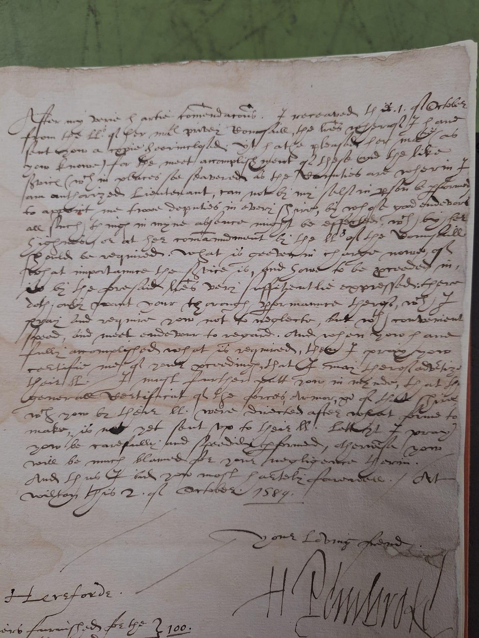 Autograph letter from Henry Herbert, 2nd Earl of Pembroke, dated 2 October 1589, in secretary hand