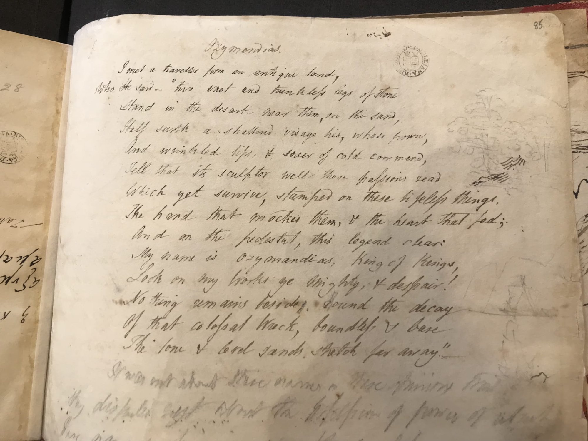 Ozymandias written out in full in Percy Shelley's own hand, page 85 of his notebook, with small sketches visible in the margins