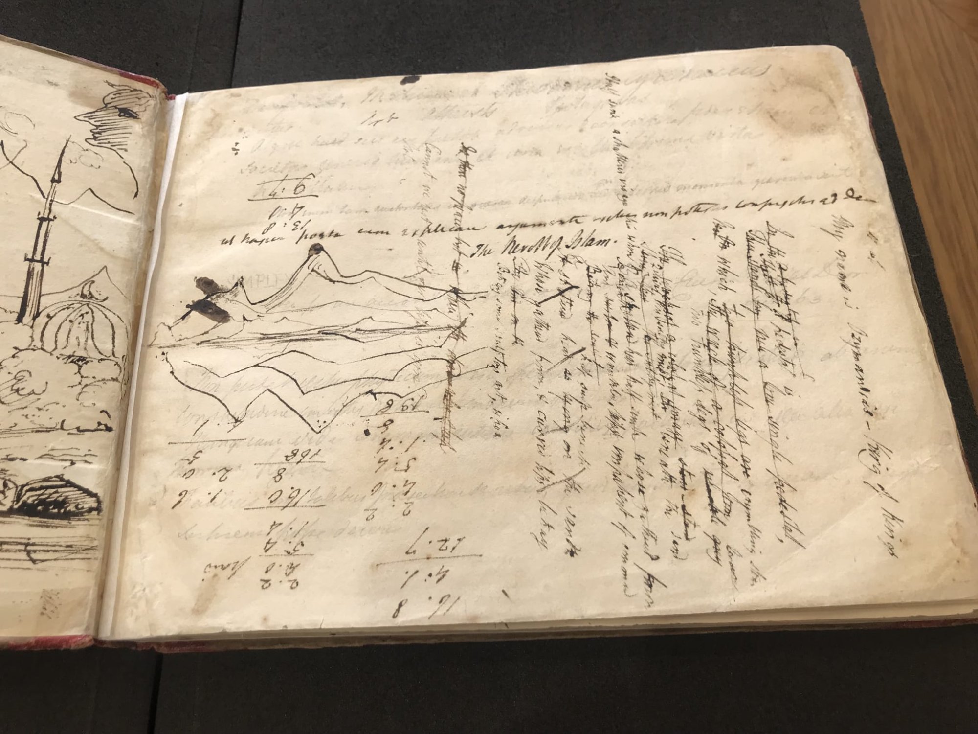 Percy Shelley's notebook open to a spread showing 'The Revolt of Islam' title alongside mountain landscape sketches, draft verse, and columns of arithmetic calculations