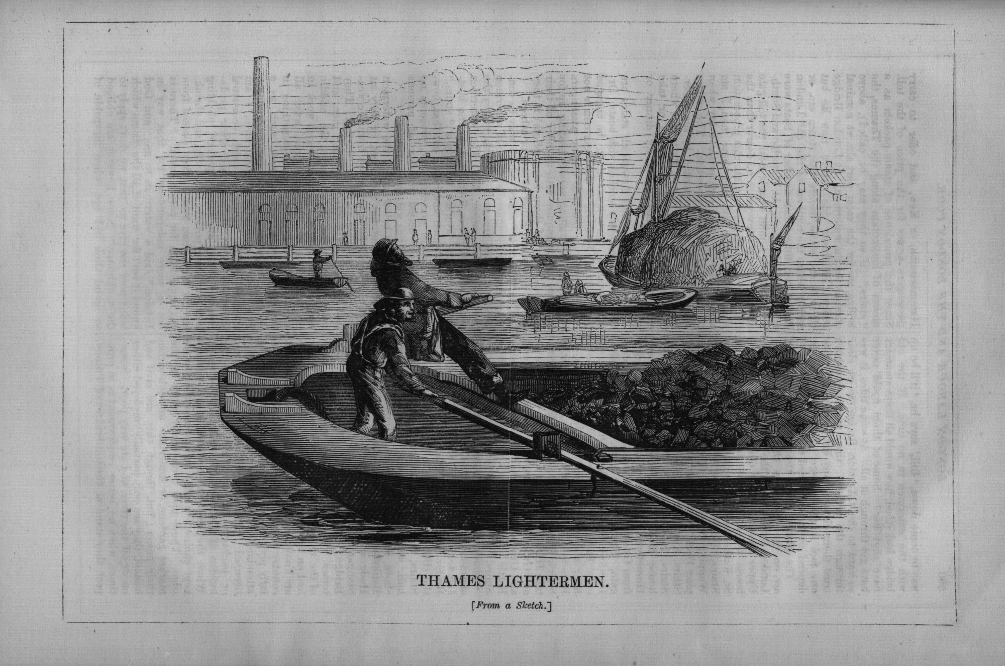 Thames lightermen working a coal-laden lighter on the industrial Thames